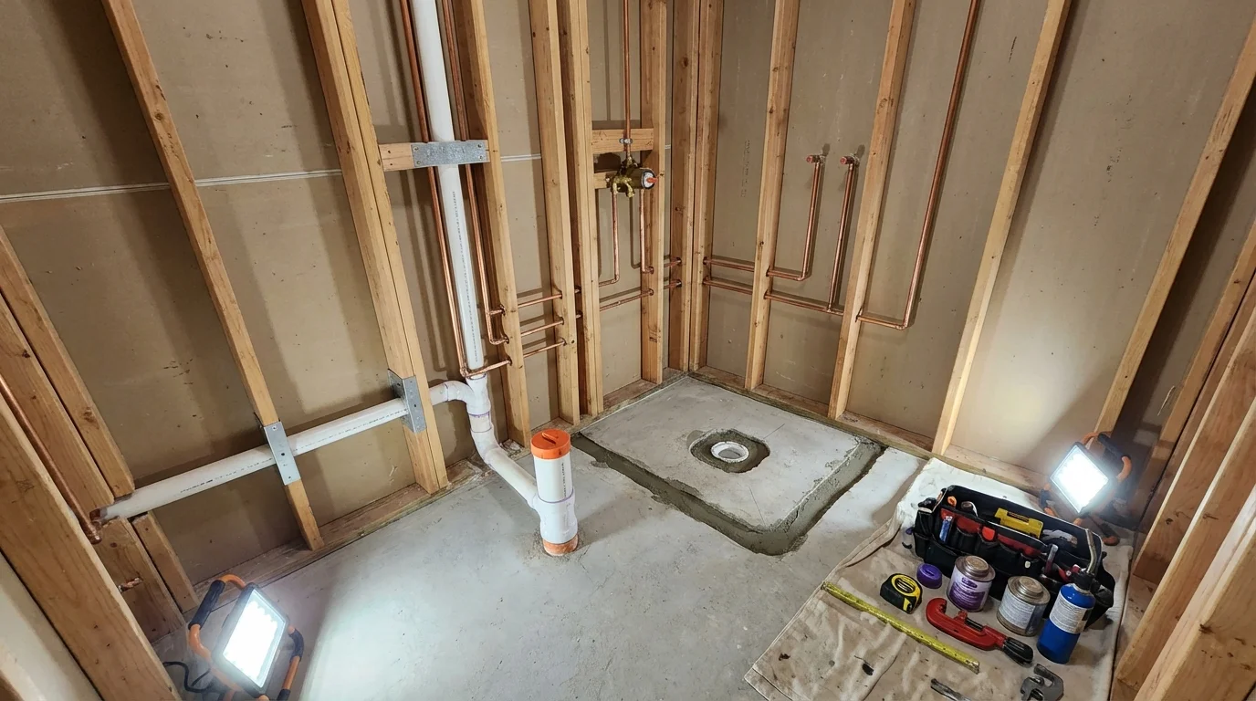 Bathroom rough-in plumbing during remodel by Johns Plumbing LLC in Depue