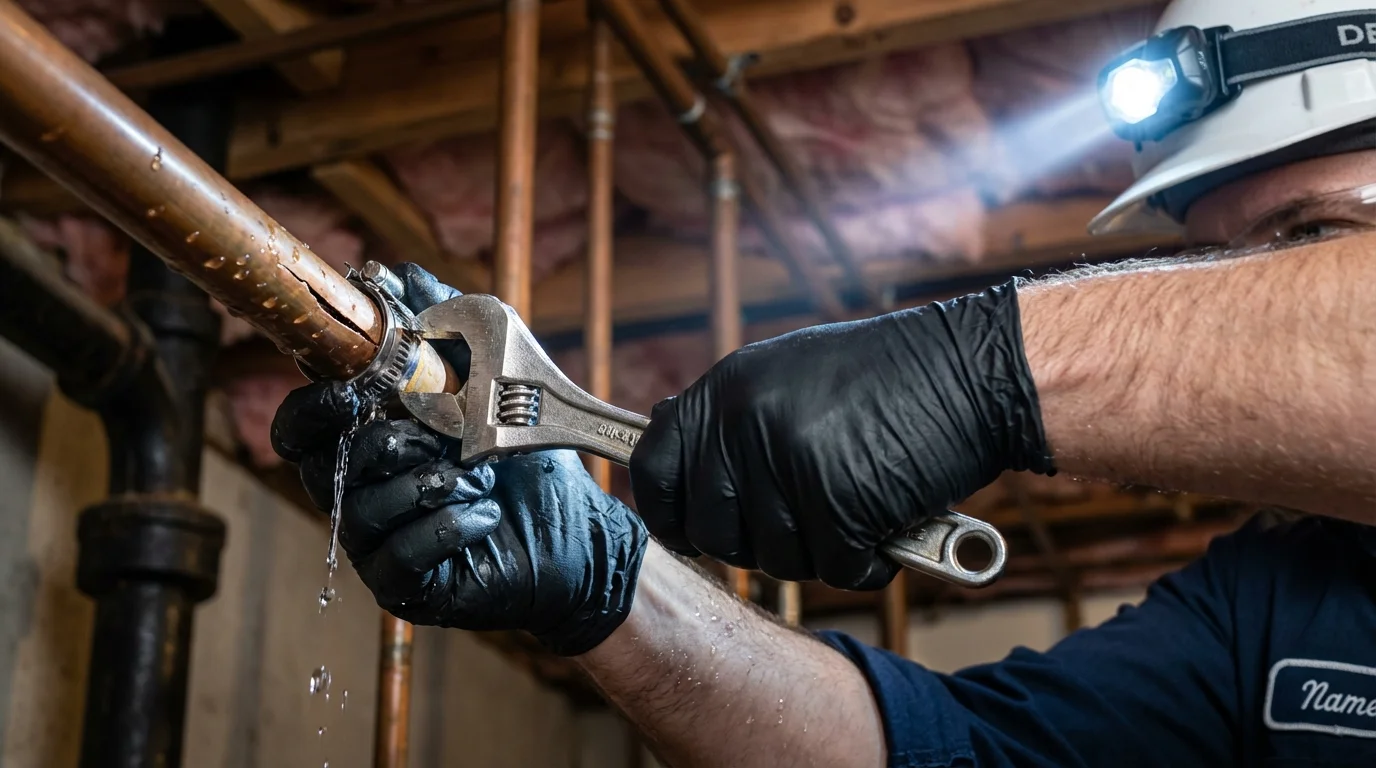Emergency pipe clamp repair being performed by a Johns Plumbing LLC plumber in Depue