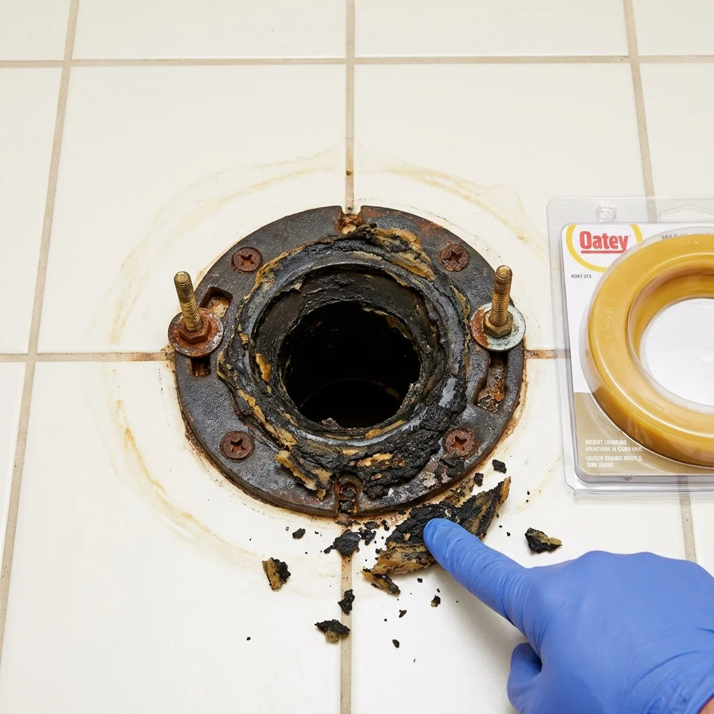 Failed wax ring showing water seepage at the base of a toilet in a Depue, IL home