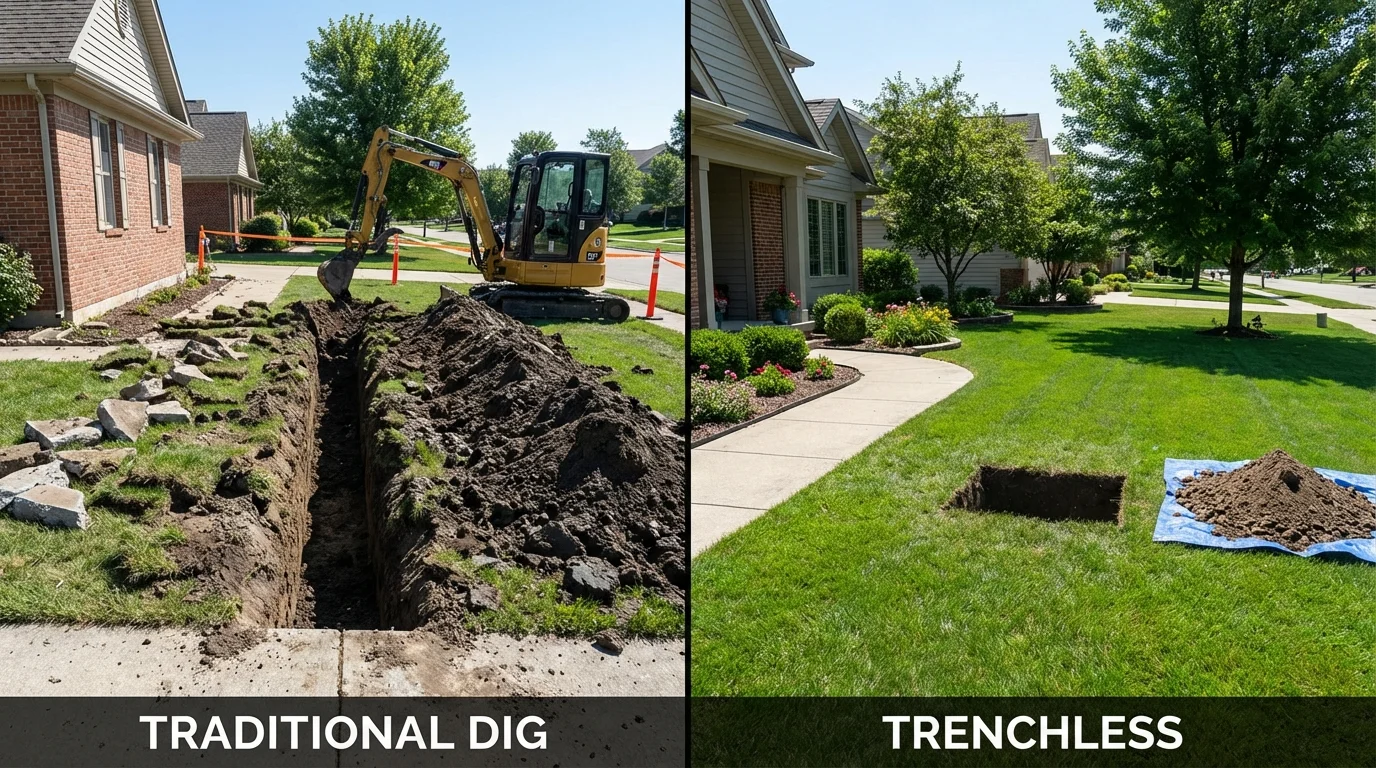 Trenchless sewer repair with minimal yard damage versus traditional excavation in Depue, IL