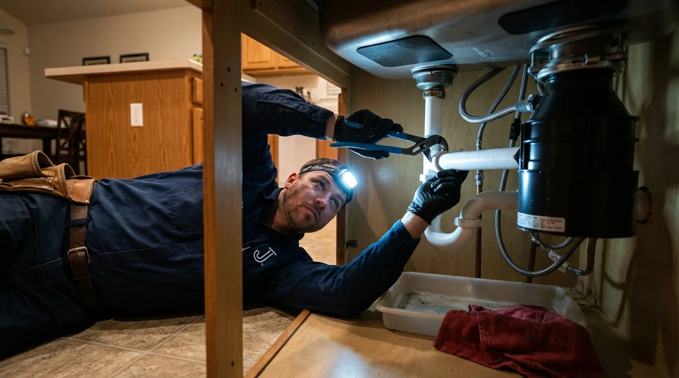 P-trap and supply line connections under a kitchen sink showing a common leak point in Depue, IL